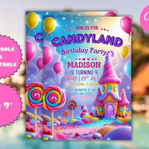 Editable Sweet Celebration Birthday Invitation, Candy Land Invitation, Candy Birthday Party Invitation, Candyland, Printable Canva Template