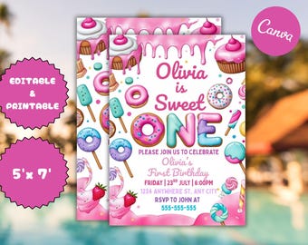 Sweet One Birthday Invitation: Pastel Dessert Theme (5x7, PDF Template)