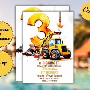 Construction Birthday Invitation, Editable Construction Invitation, Truck Party Invite, Printable template Digital download, 3 & Digging It