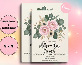 Peony Flowers Mother's Day Brunch Invitation: Editable Canva Template (5x7 inches)