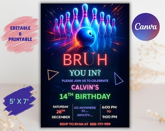 Glow Bowling Birthday Invitation, Neon Party, Editable Canva (5x7 Inches) (PDF Downloadable Template)