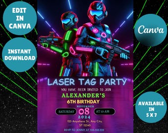 Editable Neon Laser Tag Birthday Invitation Template (Instant Download)