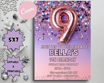 Pink Glitter 9th Birthday Invitation: Rainbow Foil (5x7) (Digital Download)