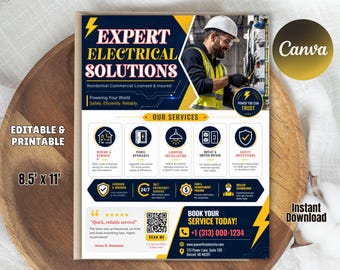 Electrician Service Flyer | Electrical Contractor Flyer | Electrical Repair Ad | Electrician Marketing Flyer | Editable Canva Template