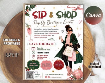 Sip and Shop Flyer, Editable Pop Up Shop Flyer, Shopping Event Invitation Template, Boutique Event Flyer