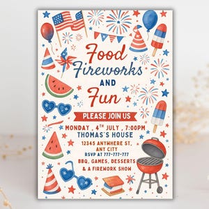 May include: A watercolor invitation with a patriotic theme. The design features red, white, and blue elements, including flags, fireworks, and food illustrations. Text reads "Food, Fireworks, and Fun" with event details.