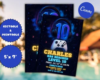 ビデオゲームの誕生日招待状：レベルアップ、編集可能なCanvaテンプレート