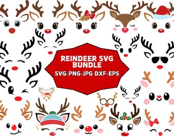 Christmas Reindeer Faces SVG PNG Bundle, Holiday Cricut