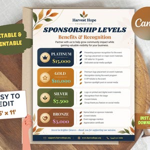 May include: A Harvest Hope Foundation sponsorship levels flyer featuring four tiers: Platinum, Gold, Silver, and Bronze. The document includes text detailing benefits, recognition, and contact information, with a 21.59 cm by 27.94 cm size label.