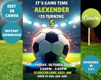 Soccer Birthday Invitation: 5x7 Editable Canva Template (PDF)