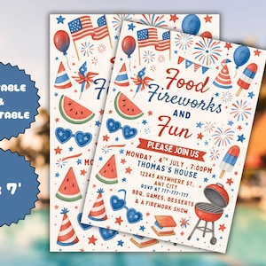 Invitation barbecue du 4 juillet, invitation à une fête aux États-Unis, invitation à un barbecue pour le jour de l'indépendance, ami de la nourriture du 4 juillet et feu d'artifice, toile modifiable