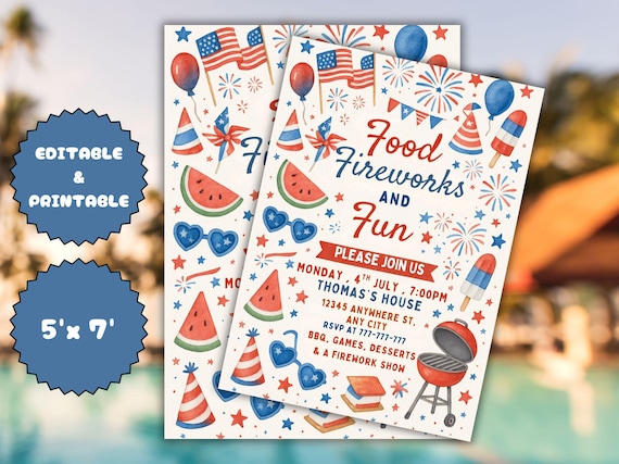 4th of July BBQ Invitation: Editable Party in USA Invite (Canva Template, 5x7 PDF