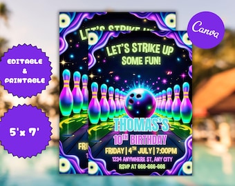 Glow Bowling Birthday Invitation: Editable Neon Party Invite (Canva Template, 5x7, PDF Download)