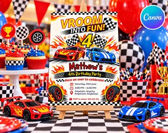 Editable Hot Cars Birthday Invitation, Hot Cars Lets Race Birthday Party Invitation, Boys Birthday Card, Instant Digital Download, DIY Canva