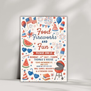May include: A patriotic invitation with red, white, and blue watercolor illustrations. The design includes fireworks, flags, watermelon, and a barbecue grill. Text reads "Food, Fireworks, and Fun" and invites guests to a 4th of July event.