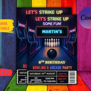 May include: A bowling and arcade party invitation with a black background and neon accents. The invitation features a bowling lane, arcade machines, and the text "Let's Strike Up Some Fun!" and "Martin's". Includes event details and RSVP information.