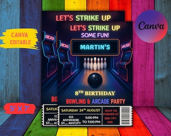 Neon Arcade Bowling Party Invitation: Editable Canva Template (5x7 Inches) (Digital Download)