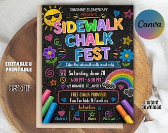 Chalk the Walk Flyer Template | Editable School Sidewalk Chalk Event Poster | PTA Family Fun Night Canva Template