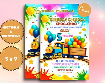 Train Birthday Invitation Template, Chugga Choo Choo, DIY Canva (5x7) (Digital Download)