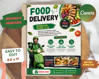 Food delivery services flyer template. Editable digital Canva design layout. Instant download Premade food delivery business print ad