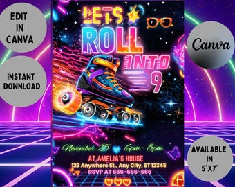 Glow Roller Skating Birthday Invitation: Neon Party (Editable, 5x7 Inches)