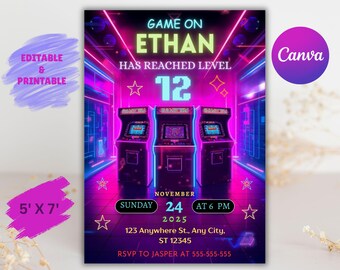 Arcade Birthday Invitation, Neon Game Invite, Editable Canva Template (Digital Download)