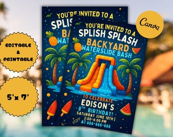 Waterslide Birthday Invitation: Splash Party Canva Template (5x7, PDF Download)