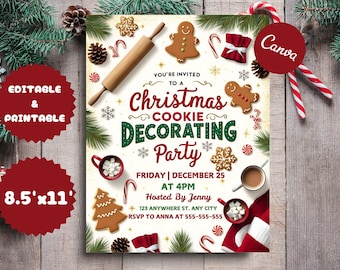 Convite para festa de decoração de biscoitos de Natal: modelo editável do Canva