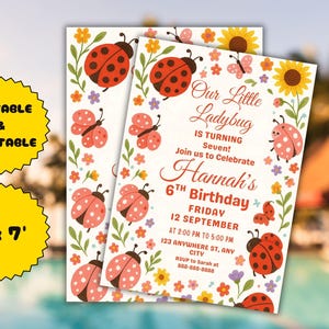 Editable Little Ladybug Birthday Invitation, Red Lady Bug Girls Party Digital Template, Daisy Flower Ladybug Insect Birthday Party Invite