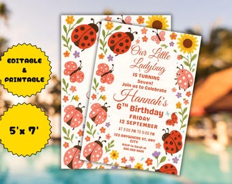 Ladybug Birthday Invitation: Red Lady Bug, Daisy Flowers (Digital Template)