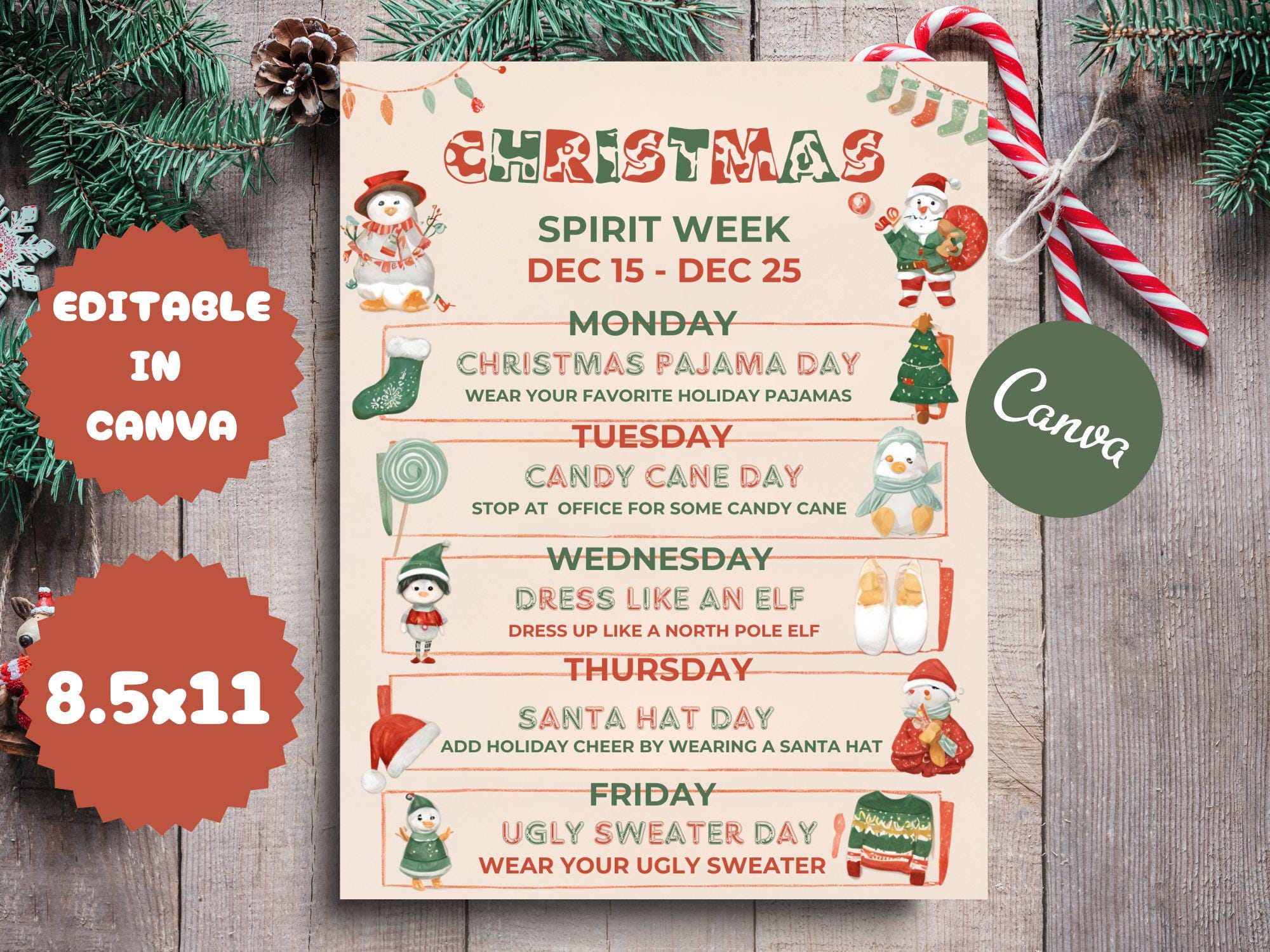Customizable Holiday School Spirit Week Flyer, PTO Schedule, December Itinerary, Xmas PTA, Editable in Canva, Christmas Newsletter, Events