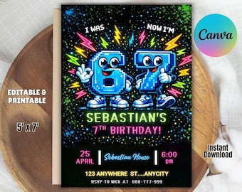 Retro Gaming 7th Birthday Invitation, Pixelated Characters, Editable Digital Invite (5x7 Inches)