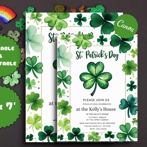 Puede incluir: Plantilla de invitación editable e imprimible para el Día de San Patricio con un diseño de trébol verde. La invitación mide 5 pulgadas por 7 pulgadas e incluye el texto "St. Patrick's Day" y "Por favor, únase a nosotros en la casa de los Kelly".