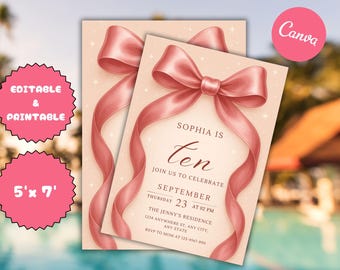 Invitación de Pink Coquette para décimo cumpleaños: Lazo de cumpleaños (5x7, descarga digital, plantilla de Canva)