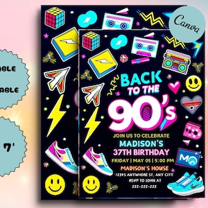90s Birthday Party Invitation, Back to the 90s, Throwback Party, House Party, 90s Theme Party, Neon Party Glow Dance Disco, Editable Canva