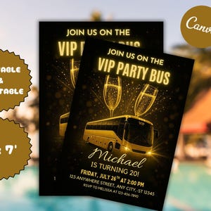 Bearbeitbare VIP Party Bus Einladung, Party Bus Einladung, Bus Geburtstag einladen, Limo Party, Neon Gelbe Nacht Evite, bearbeitbare Canva Vorlage