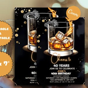 Whiskey Birthday Invitation, Surprise Party Adult, 30th 40th 50th Any Age, Cognac Scotch Liquor, Canva Editable Adult Men Birthday Invite