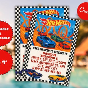 Bewerkbare Hot Cars-uitnodiging, Hot Wheels-uitnodiging, Hot Race Cars-verjaardagssjabloon, Hot Wheels-sjabloon, bewerkbare kinderen verjaardagsuitnodiging