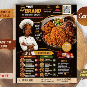 May include: A colorful menu design for a Nigerian restaurant, featuring a chef illustration and various dishes like Jollof Rice and Suya Burger. The menu includes the text "Your Brand" and "Taste the Heart of Nigeria". The flyer is 8.5 x 11 inches.