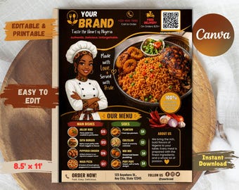 African Restaurant Menu Template, African Food Flyer, BBQ Grill Poster, Restaurant Menu Board, Catering Pricelist Card, Editable Food Truck