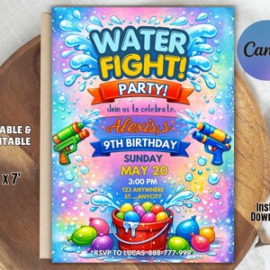 Op de afbeelding: Een kleurrijke uitnodiging voor een watergevechtfeest. Het ontwerp toont waterpistolen, waterspatten en een emmer met waterballonnen. De uitnodiging bevat de tekst "Water Fight Party!" en details voor een 9e verjaardag.