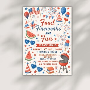 May include: A watercolor-style invitation with a patriotic theme. The design features red, white, and blue elements, including fireworks, flags, and watermelon slices. Text reads "Food, Fireworks, and Fun" with event details for a July 4th celebration.