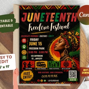 Puede incluir: Un cartel del Festival de la Libertad del Juneteenth con un retrato de una mujer con un turbante colorido. El cartel incluye detalles del evento: viernes 15 de junio, Freedom Park, 15:00 - 20:00, y enumera actividades. El cartel mide 21,6 x 27,9 cm y es fácil de editar e imprimir.