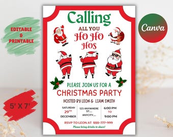 Funny Christmas Invitation, Ho Ho Hos Party, Canva Template (5x7 inches)
