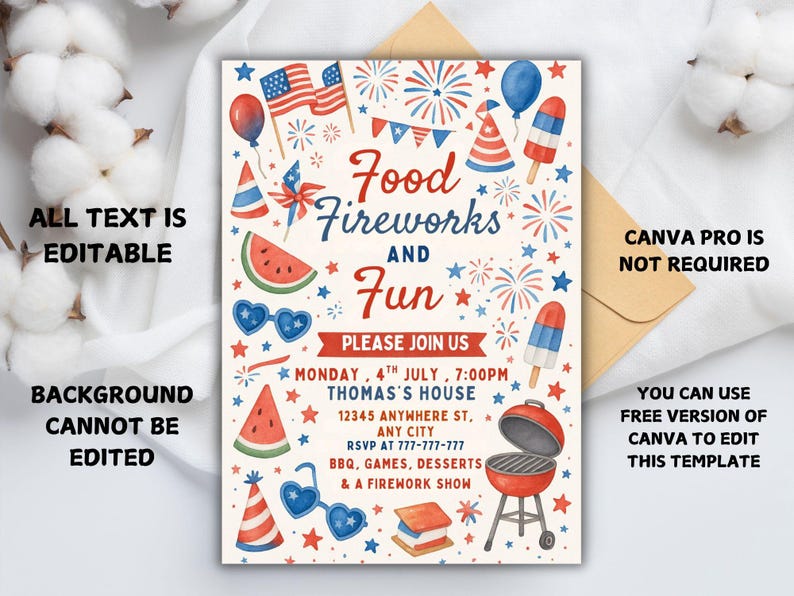 May include: A patriotic invitation with the text "Food, Fireworks, and Fun" for a 4th of July celebration. The design includes illustrations of fireworks, flags, watermelon, and a barbecue grill. The text is editable.