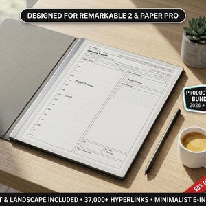 May include: A digital planner displayed on a tablet screen with a stylus pen. The screen shows a daily schedule for January 1, 2026, with sections for tasks and notes. Text on the screen reads: DESIGNED FOR REMARKABLE 2 & PAPER PRO, PRODUCTIVITY BUNDLE: 2026 + 2027, 50% OFF - BESTSELLER, PORTRAIT & LANDSCAPE INCLUDED, 37,000+ HYPERLINKS, MINIMALIST E-INK DESIGN.