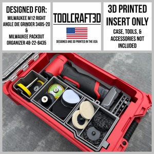 May include: A red organizer with grey inserts, designed for a Milwaukee M12 right angle die grinder and Milwaukee Packout organiser. The organiser contains various tools and accessories. The text "TOOLCRAFT3D" and "3D PRINTED INSERT ONLY" are visible.