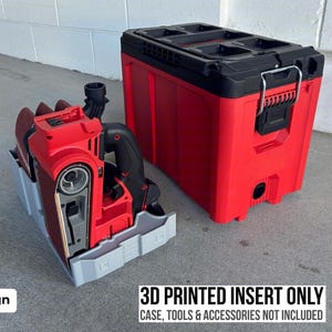 May include: A light gray 3D printed plastic insert designed for a red and black tool case. The insert features molded compartments to hold a belt sander and three sanding belts. The text 3D PRINTED INSERT ONLY CASE, TOOLS & ACCESSORIES NOT INCLUDED is visible.