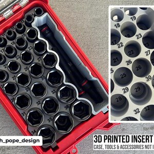 May include: A light grey 3D printed socket organiser insert with numbered slots for various tool sizes, housed inside a red plastic case. The insert features circular cutouts labelled with numbers ranging from 9 to 36 for organised tool storage.