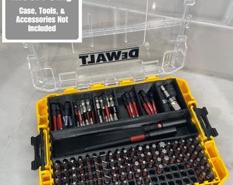 May include: A 3D printed insert for a DeWalt tool box. The insert is black and has a grid of compartments for holding various tools. The text "3d Printed Insert Only" and "Case, Tools, & Accessories Not Included" is visible on the image. The text "DEWALT" is visible on the top of the tool box.